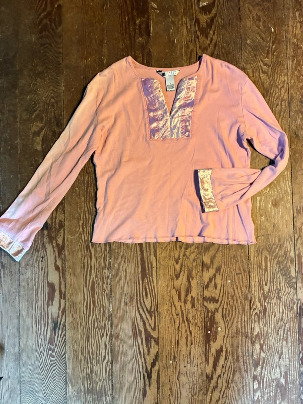 Vintage Pink Women's Long-Sleeve Top with Satin Trim